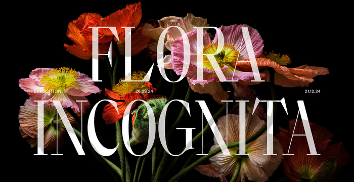 Un bouquet de fleurs très colorées sur fond noir avec les dates de l'exposition Flora Incognita du 26 septembre au 21 décembre.