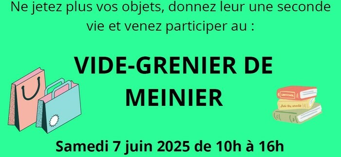 annonce du vide-grenier avec une pile de livres et deux sacs