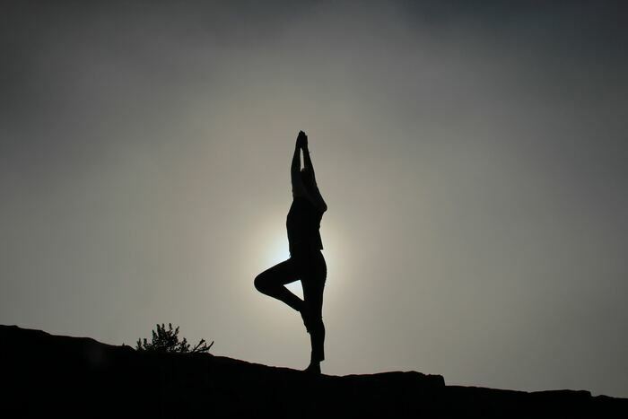 une personne en posture de yoga debout appelée l'arbre, vriksasana