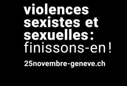 Slogan "Violences sexistes et sexuelles : finissons en ! 25novembre-geneve.ch" en blanc au centre d'un rond noir.