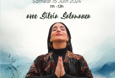 Affiche méttant en scène Silvia Salamanca, psychologue et danseuse, en méditation. Elle fait la promotion de son stage de danse thérapie le Samedi 15 Juin 2024 à Genève