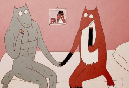 Manivald de Lundgren Chintis un loup et un renard, dessinés similaire à des silhouettes humaines, assis sur un lit