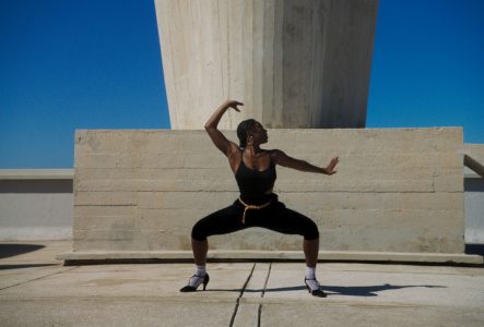 L'image est tirée du film Bright Hours. On y voit une performer devant une architecture de béton, un pilier occupe le milieu de l'image pour se terminer hors champs. Au fond le ciel est très bleu. La performer porte des vêtements noirs, elle est debout, face à la caméra, les jambes fléchies au niveau des genoux, jambes écartées. Son visage est tourné sur le côté droit. Le bras droit est tendu au niveau de la poitrine, son bras gauche est relevé et se replie au dessus de sa tête.