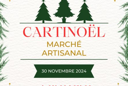 Il s'agit d'un flyer annonçant le Marché de Noël de Cartigny le 30 novembre 2024 de 10h00 à 18h00.