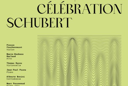 Nous trouvons l'affiche du concert : sur un fond vert apparaît en grand le titre du concert : Célébrations Schubert. En dessous sont notés les noms des musiciens participants.