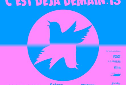 Visuel du festival "C'est déjà demain.13", rose et bleu avec un oiseau à double face et qui déploie ses ailes au centre de l'image.