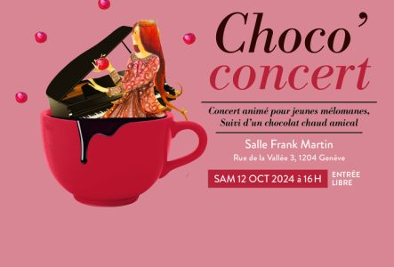 Affiche de l'événement avec une princesse rousse jourant du piano dans une tasse de chocolat chaud