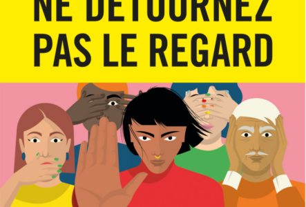 Illustration d'une femme tendant la main pour faire "stop" entourée d'un groupe de personnages se cachant les yeux, la bouche ou les oreilles.