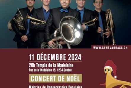 Sous une branche de sapin décorée avec des étoiles de Noël, le Geneva Brass présente son concert du 11 Décembre 2024 en compagnie de la Maîtrise du Conservatoire Populaire, dirigée par Magali Dami et Fruzsina Szuromi.