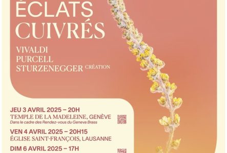 Il s'agit de l'affiche du concert, on y voit une belle fleur en train de fleurir. Le titre du concert, Éclats Cuivrés, s'affiche au-dessus des noms des compositeurs. Enfin nous trouvons les lieux des trois concerts : Genève, Lausanne et Morges puis le nom des artistes.