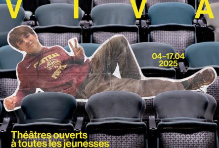 Il s'agit de l'affiche du festival. Un jeune est allongé sur des fauteuils de théâtre, il sourit et fait un V avec ses doigts.