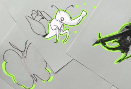 Chakir Ali Illustrations d'insectes fluo sur feuilles de papier