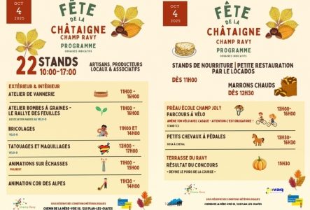 Commune de Plan-les-Ouates Champ Ravy l'affiche illustre et magnifie la Châtaigne et des animations vannerie, bricolages, tatouages, maquillages, animations sur échasses et cor des Alpes
