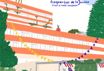 L’affiche, dans les tons pastels, représente un immeuble entouré de verdure avec l’épicerie “Le Nid” au Rez de Chaussé de cet immeuble. Au centre de l'affiche, des légumes font la fête (2 petits radis, une aubergine et une dame citron aux lunettes de soleil), du haut de l’immeuble des carottes observent la fête. Sur le haut de l’affiche le titre en bleu de l’événement:”Fête de l’alimentation durable à la Jonx” et en dessous en plus petit : “le samedi 14 septembre 2024, de 11h à minuit à l…