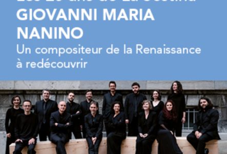 Photo de l'ensemble La Sestina avec les dates des prochains concerts à Genève et Lausanne et l'adresse du site web de l'ensemble.