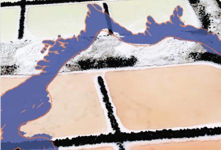 C'est une image avec des salines. Donc des carrés d'eau et de petites montagnes de sel. Sur l'image de taches de couleurs.