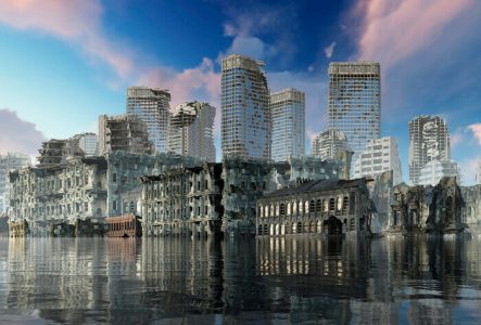 Image en 3D d'une ville en ruine au milieu de l'eau, sous un ciel bleu aux nuages roses