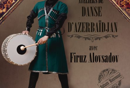 Flyer avec un danseur qui annonce l'organisation de stages de danse d'Azerbaïdjan le Samedi 5 Mai à Genève