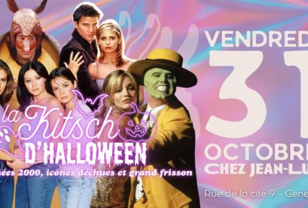 DR L’image est une affiche colorée et festive pour une soirée d’Halloween à thème kitsch.
L’arrière-plan est un dégradé irisé de couleurs pastel : rose, violet, bleu et orange, rappelant une matière brillante ou holographique.
Au centre gauche, on voit plusieurs personnages célèbres de séries et films des années 1990-2000, alignés les uns à côté des autres :
- Trois femmes vêtues de hauts violets et jeans (les sœurs d’une série magique très populaire),
- Ross Geller déguisé en grand tatou …