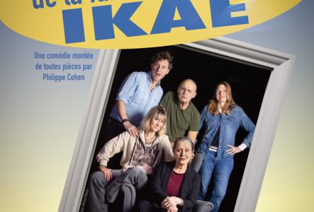 Un cadre d'une photo de famille avec les parents et leurs 2 enfants adultes, plus une employée d'un fabricant de meuble. La photo est penchée sur droite, sur fond bleu ciel et jaune avec le titre du spectacle en grand au-dessus.