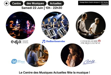 5 photos représentant les 5 écoles : l'eMa, l'Ondine, les percussions du CMG, Catalyse et l'institut Jaques Dalcroze