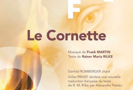 LD Affiche orange avec le portrait de Frank Martin en fond, en titre "Le Cornette", musique de Frank Martin, concert à 20h00, avec présentation de l'oeuvre de 19h00 à 19h30, au Temple de Saint-Gervais à Genève. Organisé par l'Odyssée Frank Martin.