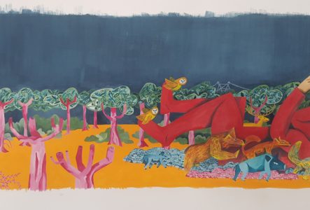 Kam une illustration qui représente un enfant qui perçoit une grande ville derrière des arbres