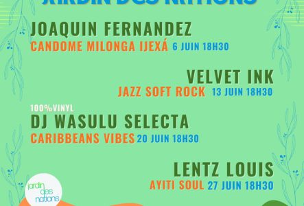 The image is a promotional poster for a series of live music events taking place at the "Jardin des Nations" in Geneva. Here is a detailed description:

Title
At the top of the poster, in large blue letters, it says:
"LIVE MUSIC AU JARDIN DES NATIONS"
which translates to "Live Music at the Garden of Nations."

Event Details
Below the title, the poster lists four musical performances scheduled for the month of June:

Joaquin Fernandez

Genre: Candombe Milonga Ijexá
Date: June 6
Time: 18:30 (6:30…