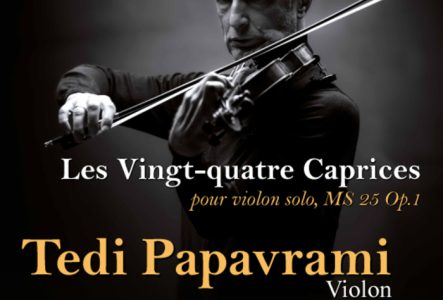 Affiche de la soirée sur fond noir, au programme Niccolò Paganini
Les Vingt-quatre Caprices , pour violon solo, MS 25 Op.1 
par l'artiste en photo M. Tedi Papavrami - Violon le Mercredi 26 mars à 19h.30 au Victoria Hall