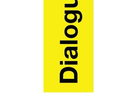 L'image présente un visuel minimaliste avec un fond jaune vif et le mot "Dialogue" écrit en noir, orienté verticalement.