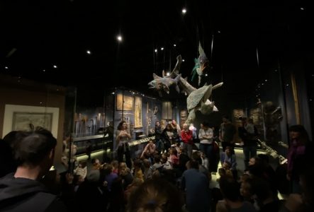 Un groupes d'enfant et d'adultes devant une animatrice dans l'exposition permanente du MEG à Genève.