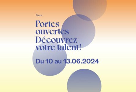 un dégradé du orange au jaune de haut en bas avec 4 grandes bulles blues et un titre écrit en bleu : Portes ouvertes Découvrez votre talent du 10 au 13.06.2024