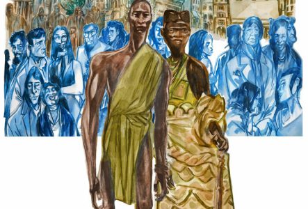 Sur un fond représentants des bâtiments emblématiques de Genève et une foule de Genevois lambda, deux personnes en vêtements d'inspiration africaines se détachent et regardent le spectateur.