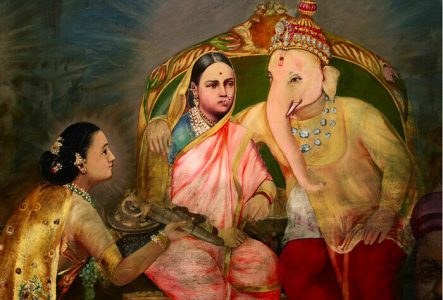 Une peinture sur laquelle Ganesh, divinité incarnant la sagesse, donne des conseils à une femme, probablement une personnification de l'Inde.