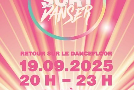 Mamagehttanzen Logo de maman sort danser sur fond de coucher de soleil.Texte "Retour sur le dancefloor" 19.09.2025 20H-23H Cercle des Bains