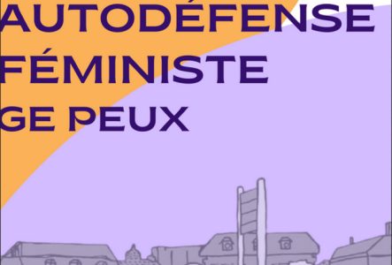 Viol-Secours Illustration représentant un groupe de personnages à un arrêt de bus devant des immeubles.