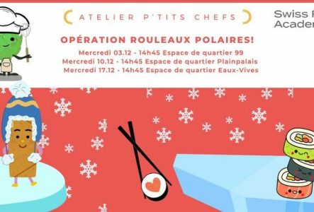 Swiss Food Academy texte annonçant les dates des ateliers du mois de décembre avec image de rouleaux de printemps sur une banquise et des flocons de neige.
