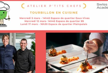 texte annonçant les dates des ateliers du mois de mars avec des images des Chefs et d'une assiette entrain d'être dressée