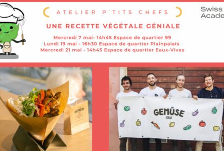 texte annonçant les dates des ateliers du mois de mai avec une photo de kebab et de l'équipe du restaurant Gemüse kebab